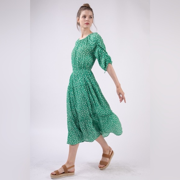 VERY J Printed Ruched Tiered Midi Dress - Picture 5 of 5